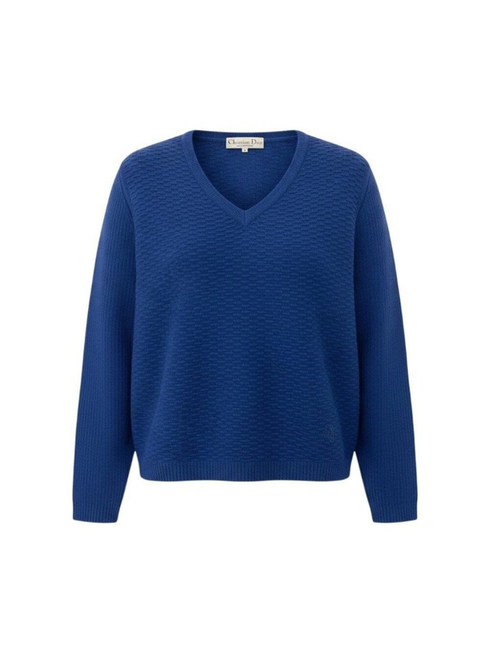 Dior V-neck Knit Sweater Rib Contrast Hem Logo Embroidery Navy Wool M